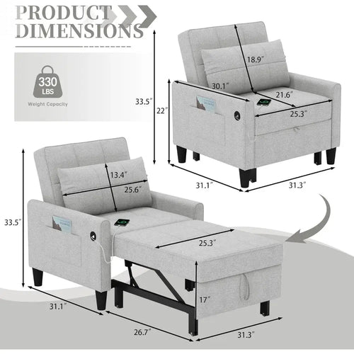 "3-in-1 Sleeper Chair - Convertible Futon with USB Ports & Side Pockets